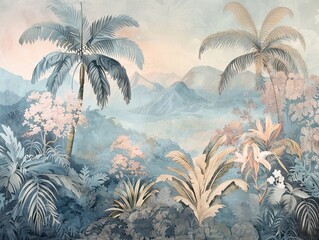 Wall Mural - Tropical forest landscape wallpaper design - Mural wallpaper - 3D illustration. AI generated illustration