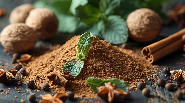 ground nutmeg on a bright mint background