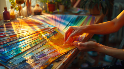 A person is working on a project with a variety of colors and a rainbow