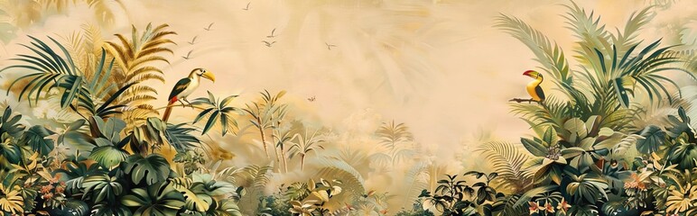 Wall Mural - Modern wallpaper. Watercolor jungle illustration. Crane bird elements, watercolor painting wallpaper. Mural wallpaper. AI generated illustration