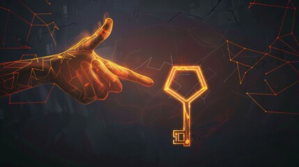 Wall Mural - Digital art showing a hacker hand reaching for a glowing key symbol against a dark minimal background