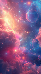 Wall Mural - Cosmic clouds and vibrant planets - Mesmerizing space clouds mingle with bright planets in this vivid cosmic illustration, symbolizing infinity and curiosity