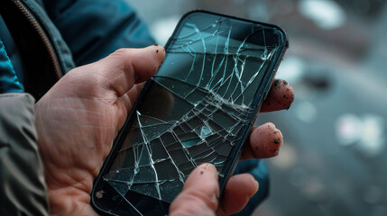 Wall Mural - A person is holding a broken cell phone with a cracked screen