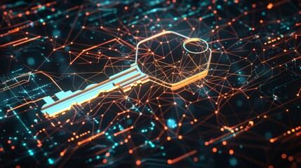 Wall Mural - Digital wallpaper featuring a key surrounded by a web of glowing data lines minimal and clean