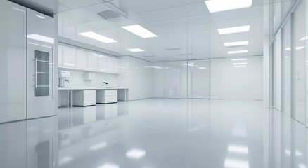 Wall Mural - Modern laboratory with white furniture and lights - This image displays a modern laboratory setting with white cabinets, countertop, and overhead lighting