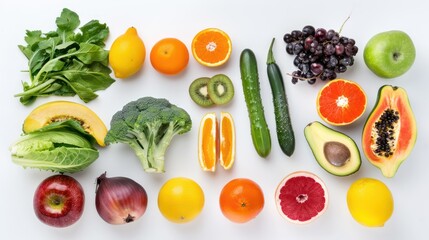 Wall Mural - Minimalist composition of fresh fruits and vegetables arranged on a clean white background, symbolizing a healthy diet.