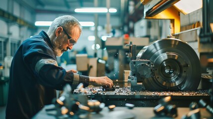 A man is working on a machine in a factory. He is wearing safety glasses and a grey shirt