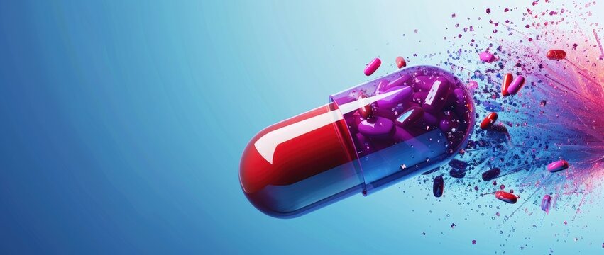 3D render of a colorful red and violet pill capsule with a liquid explosion around it on a blue background, close up macro