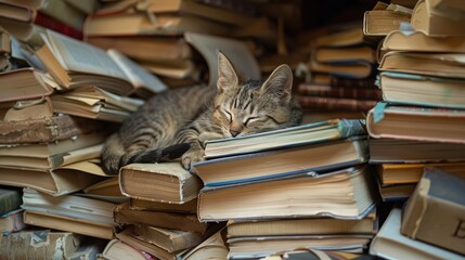 Wall Mural - cute cat sleeping among piles of books