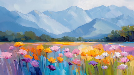 Wall Mural - Impressionist painting of a vibrant meadow filled with colorful wildflowers, set against a backdrop of majestic mountains and a clear sky, capturing the beauty of nature.