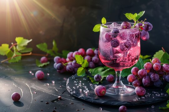 A glass of grape juice and grapes with ice cubes on a table