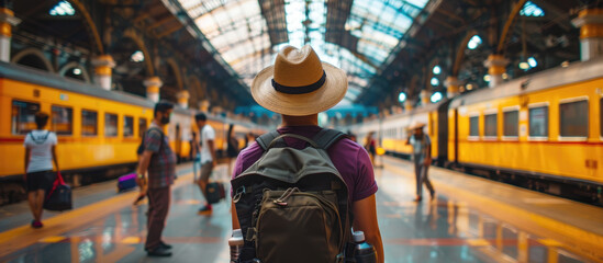 Wall Mural - A traveler with a hat and backpack waiting for the train at railway station