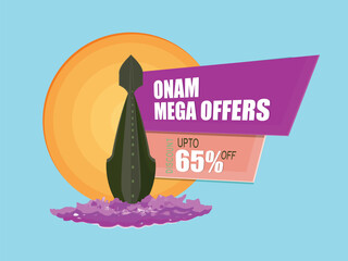 Poster - Onam Festival Sale Poster Design with Snake Boat on Blue Background.