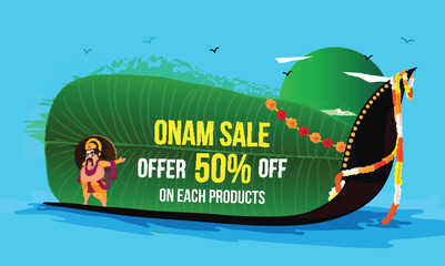 Canvas Print - Onam Festival Sale Banner Design with King Mahabali on Snake Boat and Blue Background.