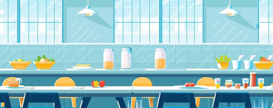 healthy school lunch flat design side view cafeteria setting theme water color Triadic Color Scheme