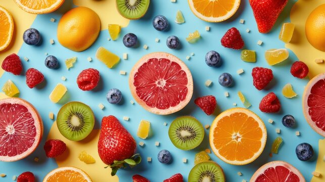 Colorful pattern of fruits and sugar substitutes on a vibrant background