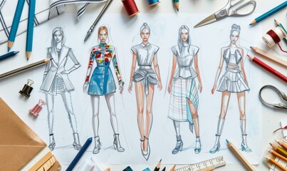 Stylish sketches of fashion designer. Toile fabric fabric material Costume Designer creative workshop studio.