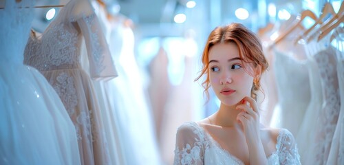 Wall Mural - A woman in a white wedding gown gazes at her reflection in the mirror, checking her appearance before an event. She seems happy with her bridal look