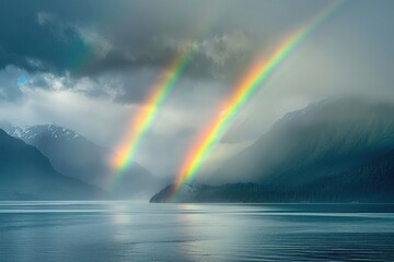 Wall Mural - A double rainbow over the mountains near an ocean, double rainbows over water with dark clouds and fog in the background, misty, rain on the sea surface, Alaskan landscape, real photo.
