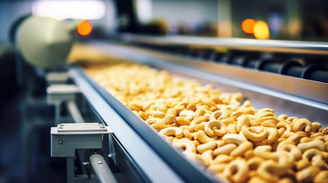 Conveyor belt with snacks. 
