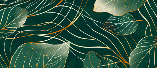 Sticker - green leaves pattern golden line abstract luxury texture background