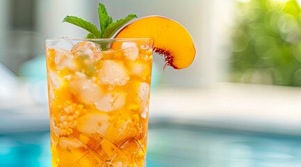 Wall Mural - Peach Iced Tea in a Tall Glass: A close-up of a tall glass of peach iced tea