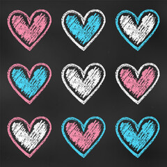 Wall Mural - Realistic Chalk Drawn Sketch. Set of Design Elements White, Blue, Red Hearts Isolated on Chalkboard Backdrop.
