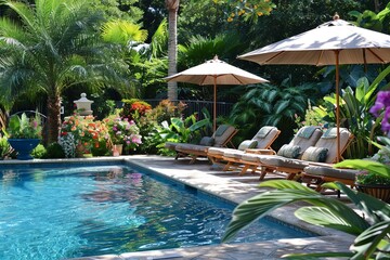 Sticker - Poolside Oasis with Teak Lounge Chairs and Canopy Umbrellas