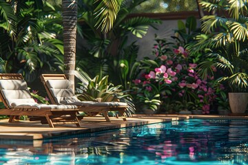 Poster - Poolside with Wooden Lounge Chairs and Palm Tree Shade