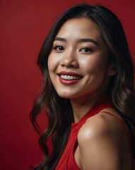 Wall Mural - red background studio portrait of smiling asian pretty woman model with clear smooth skin