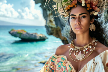 Tahitian woman adorned in traditional attire by the turquoise ocean, serene expression