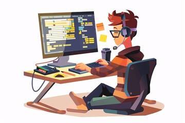 Modern 64-Bit Programmer in Flat Design - Cute and Quirky Character Isolated on White Background