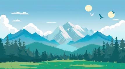 Wall Mural - mountain landscape flat design top view nature adventure cartoon drawing vivid