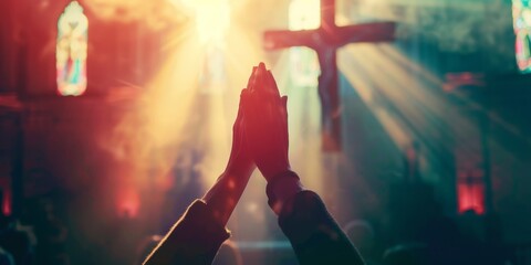 Backlit image of believers worshiping the cross with hands raised to heaven, Jesus, dignity, faith, hope, light, light, HD wallpaper, background, generated by AI.Silhouette of Worshiping Believer with