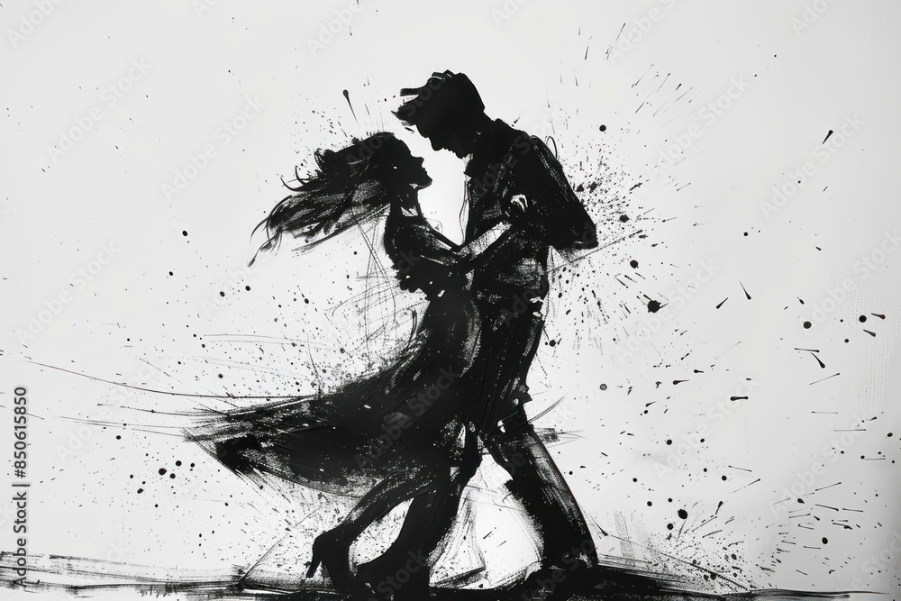 Abstract black and white artwork of a dancing couple silhouette with ...