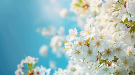 Wall Mural - Photo of blooming cherry tree with white flowers against blue sky space for text