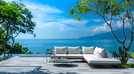 Wall Mural - luxury outside sofa in a beautiful lush garden patio overlooking the thai ocean