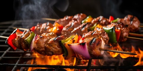 Wall Mural - Sizzling and Flavorful Spicy Shish Kebabs on Skewers. Concept Grilled Appetizer, BBQ Recipes, Middle Eastern Cuisine, Spicy Grilling Ideas