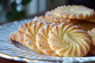 Wall Mural - Closeup of delicious shortbread cookies dusted with sugar on an elegant plate