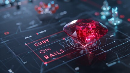 Ruby on Rails programming concept featuring a ruby stone on a microchip plate, symbolizing the integration of the Ruby language with web development technology.