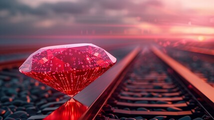 Ruby stone placed on a rail track, symbolizing the Ruby on Rails programming language. This concept image visually represents the powerful and efficient framework used in web development.