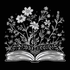 Wall Mural - black and white flowers growing from book