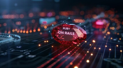 Ruby on Rails programming concept featuring a ruby stone on a microchip, symbolizing the integration of the Ruby language with web development technology.