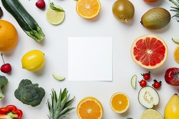 Creative layout of various fruits and vegetables with a white background. There is an empty white square in the center. Flat laying. Nutrition concept. 