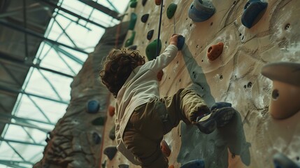 Wall Mural - Little kid having fun while climbing an artificial wall indoors