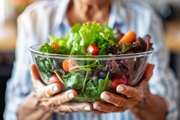 Senior lady smiling with joy holding nutritious vegetable salad in kitchen setting