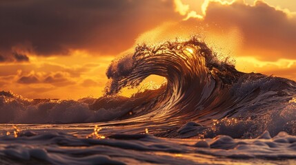 Wall Mural - Majestic curling wave illuminated by a golden sunset, capturing the raw energy and beauty of the ocean.