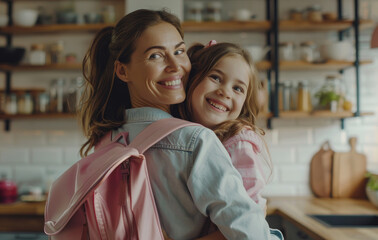 Wall Mural - an adult woman carrying her young daughter in the kitchen, both smiling and looking happy as they stand side by side with their backs to each other