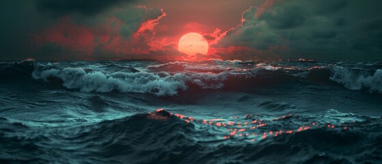 Wall Mural - Dramatic sunset over turbulent ocean waves. Dark clouds roll in, contrasting with the fiery red sun and creating a stunning seascape.