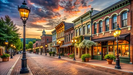 a picturesque street at dusk. The sky displays vibrant hues of orange, yellow, and blue. Lined with two-story buildings featuring classic architectural details, the street exudes charm